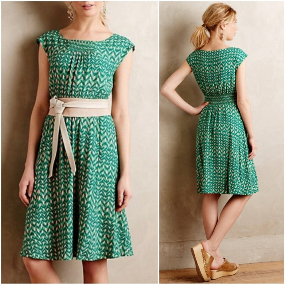 Anthropologie Teal & Cream Cap-Sleeve Printed Midi Dress